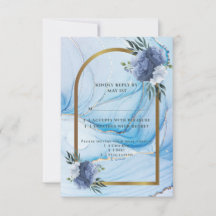 Elegante Blauwe & Gouden Trouw RSVP Kaart