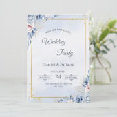 Elegante blauwe & gouden trouwuitnodiging kaart (Staand voorkant)