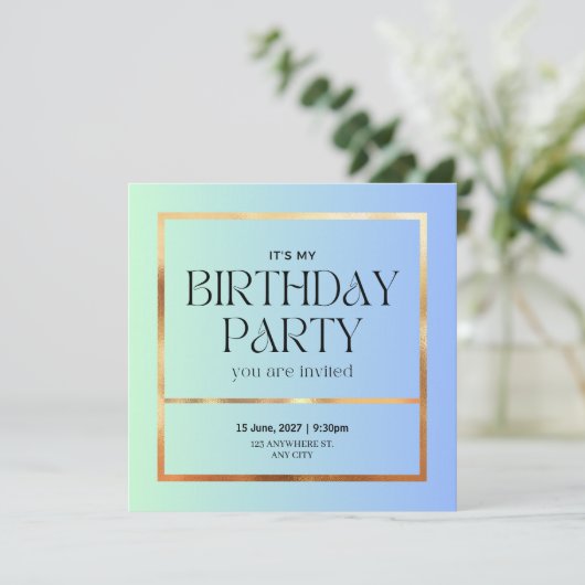 Elegante Blauwe & Gouden Verjaardag Uitnodiging (Staand voorkant)