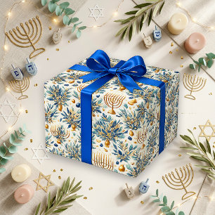 Elegante Blauwe Gouden Waterverf Menorah Cadeaupapier