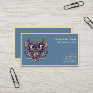 Elegante Blauwe & Gouden Wijze Uil Illustratie Visitekaartje