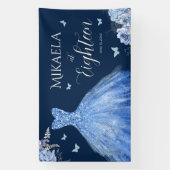 Elegante Blauwe Gown Bloemen 18e Verjaardag Banner (Verticaal)