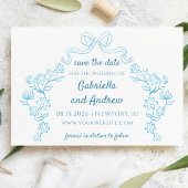 Elegante blauwe grillige hand getekend chique bloe save the date