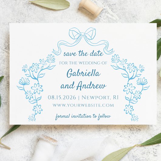 Elegante blauwe grillige hand getekend chique bloe save the date