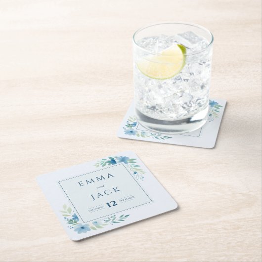Elegante blauwe groen namen en datum bruiloft kartonnen onderzetters (Insitu)
