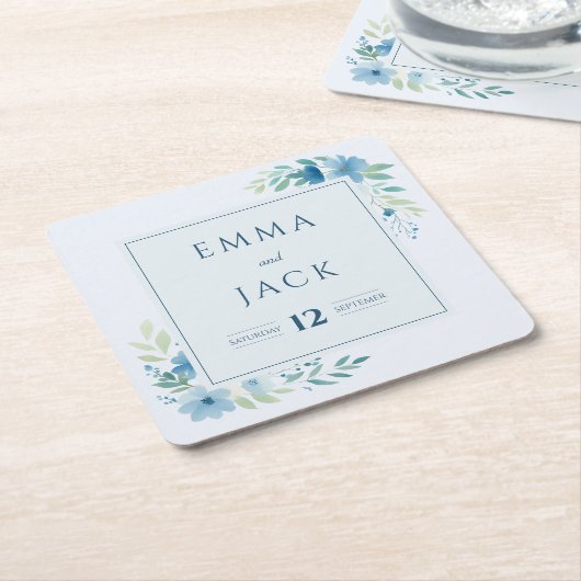Elegante blauwe groen namen en datum bruiloft kartonnen onderzetters (Schuin)