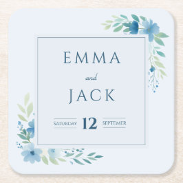Elegante blauwe groen namen en datum bruiloft kartonnen onderzetters