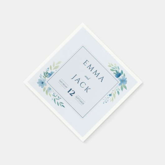 Elegante blauwe groen namen en datum bruiloft servet (Hoek)