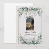 Elegante blauwe groenbladerige save-the-date uitno save the date (Voorkant / Achterkant)