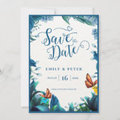 Elegante Blauwe Groene Botanische Vlinder Bruiloft Save The Date (Voorkant)