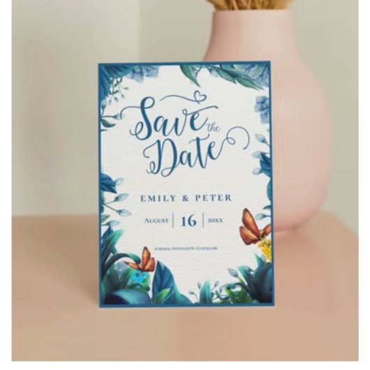 Elegante Blauwe Groene Botanische Vlinder Bruiloft Save The Date