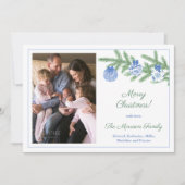 Elegante blauwe groene familiefoto's Prettig Kerst Feestdagenkaart (Voorkant)