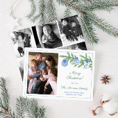 Elegante blauwe groene familiefoto's Prettig Kerst Feestdagenkaart