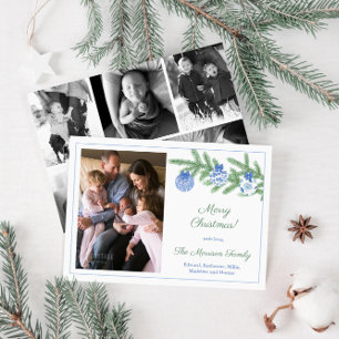 Elegante blauwe groene familiefoto's Prettig Kerst Feestdagenkaart