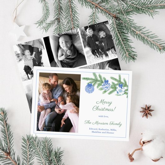 Elegante blauwe groene familiefoto's Prettig Kerst Feestdagenkaart