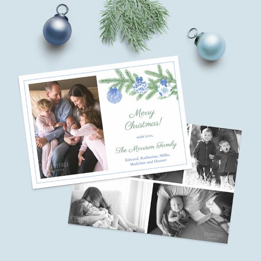 Elegante blauwe groene familiefoto's Prettig Kerst Feestdagenkaart