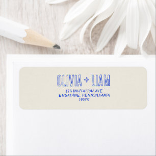 Elegante blauwe hand geschreven retro funky bruilo etiket