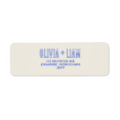 Elegante blauwe hand geschreven retro funky bruilo etiket (Voorkant)