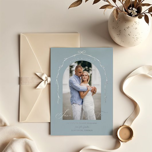 Elegante blauwe hand getekend boog lint Sla de dat Folie Uitnodiging