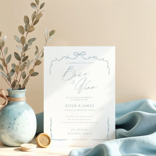 Elegante Blauwe Hand Getrokken Boog & Lint Huwelij Kaart