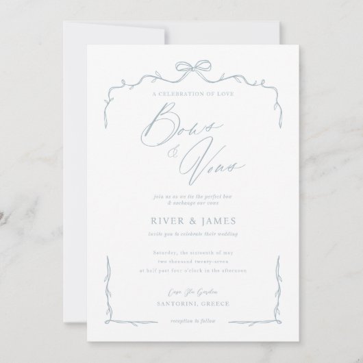 Elegante Blauwe Hand Getrokken Boog & Lint Huwelij Kaart (Voorkant)