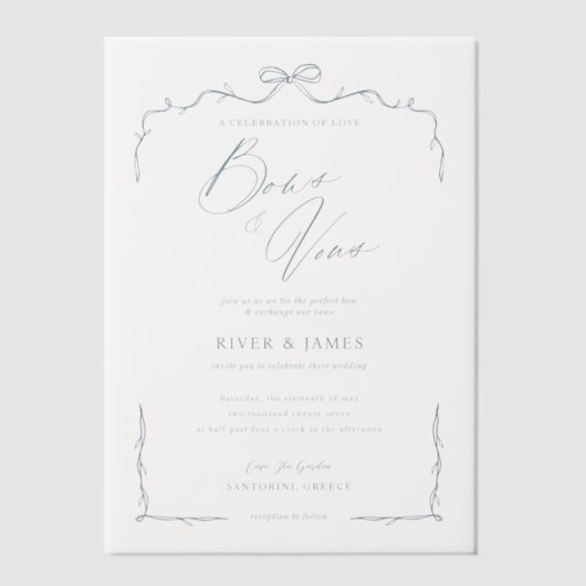 Elegante Blauwe Hand Getrokken Boog & Lint Huwelij Vellum Uitnodigingen (Voorkant)