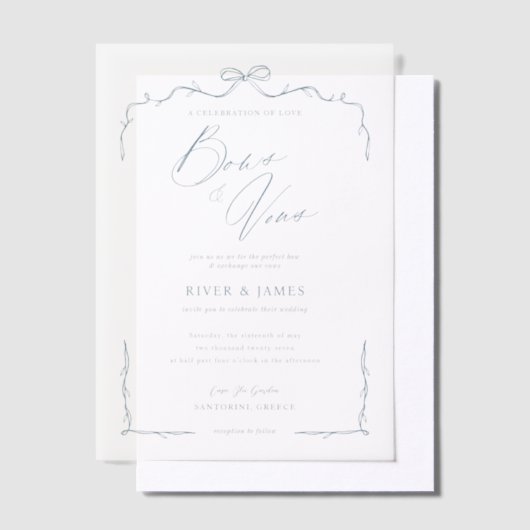 Elegante Blauwe Hand Getrokken Boog & Lint Huwelij Vellum Uitnodigingen (Offset)