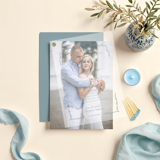 Elegante Blauwe Hand Getrokken Boog & Lint Huwelij Vellum Uitnodigingen