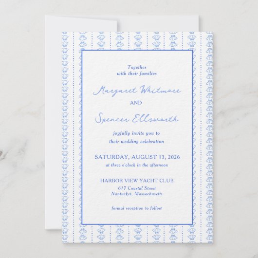 Elegante blauwe hand getrokken zeeschelp kust brui kaart (Voorkant)