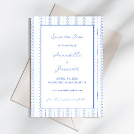 Elegante blauwe hand getrokken zeeschelp kust brui save the date