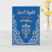 Elegante Blauwe Hanukka Menora Sierobject Kaart (Gele Bloem)
