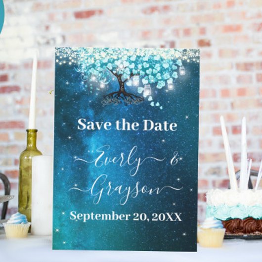 Elegante Blauwe Hart Blad Boom Trouwen SAVE THE DA Kaart