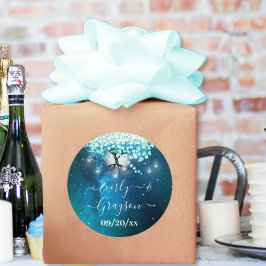 Elegante Blauwe Hart Blad Boom Trouwen SAVE THE DA Ronde Sticker