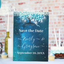 Elegante Blauwe Hartblad Boom Trouw SAVE THE DATE