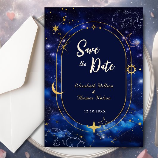 Elegante blauwe hemelse bruiloft save the date