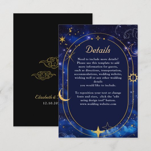 Elegante blauwe hemelse trouwdetails informatiekaartje (Voorkant / Achterkant)