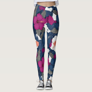 Elegante Blauwe Hibiscus Bloemmotief (2) Leggings