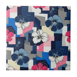 Elegante Blauwe Hibiscus Bloemmotief (7) Tegeltje
