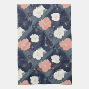Elegante Blauwe Hibiscus Bloempatroon (10) Theedoek
