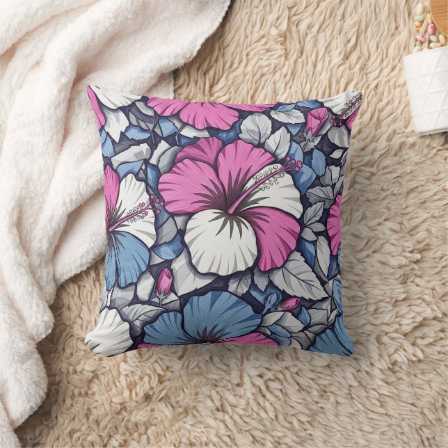 Elegante Blauwe Hibiscus Bloempatroon (1) Kussen (Deken)