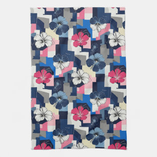 Elegante Blauwe Hibiscus Bloempatroon (4) Theedoek