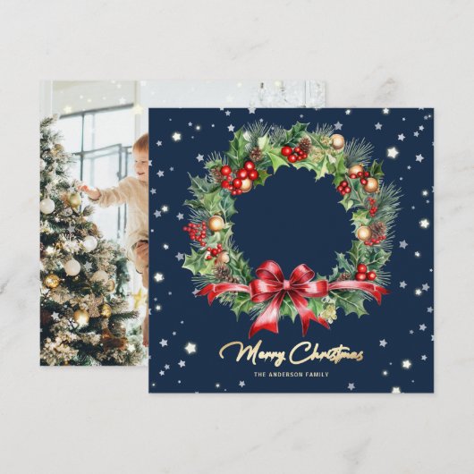 Elegante Blauwe Holly Bessen Pijnenkrans Foto Feestdagenkaart (Voorkant / Achterkant)