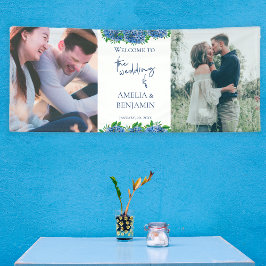 Elegante Blauwe Hortensia 2 Foto Bruiloft Welkom Spandoek