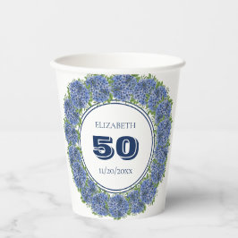Elegante blauwe hortensia 50ste verjaardagsfeest papieren bekers