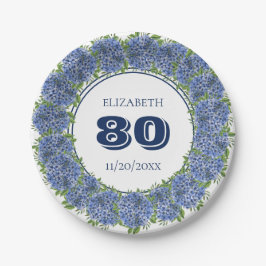 Elegante Blauwe Hortensia 80ste Verjaardagsfeest Papieren Bordje