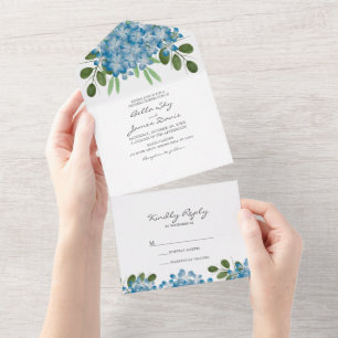 Elegante Blauwe Hortensia All-in-One Trouwuitnodig All In One Uitnodiging