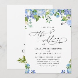 Elegante Blauwe Hortensia Aquarel Groene Huwelijk Kaart