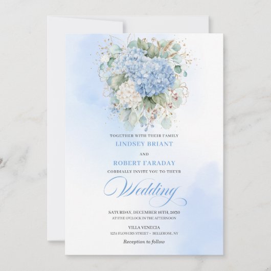Elegante Blauwe Hortensia Bloem Bruilofts Uitnodig Kaart (Voorkant)
