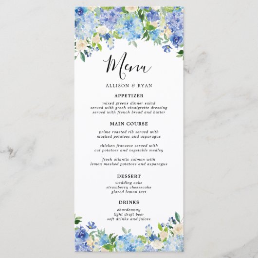 Elegante blauwe hortensia bloem bruiloftsmenu's menu (Voorkant)