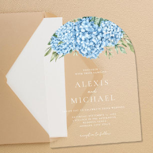 Elegante Blauwe Hortensia Bloemen Bruiloft Acryl Uitnodigingen